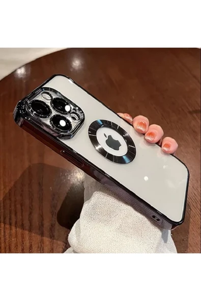 Iphone 13 Pro Max Uyumlu Kılıf Kamera Lens Korumalı Orta Halka Logo Gösterir Parlak Kenarlı Şeffaf