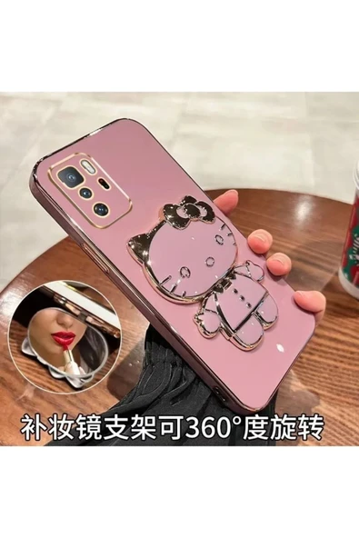 Xiaomi Redmi 12C Uyumlu Kılıf Hello Kitty Standlı Sevimli Parlak Gold Kenarlı Tam Koruma 3d Karakter