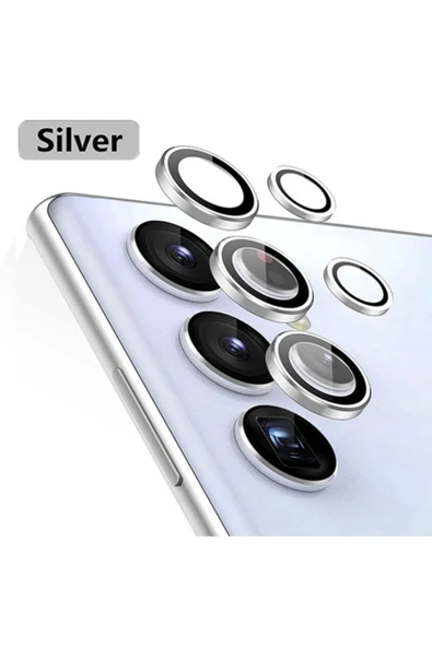Samsung Galaxy S22 Ultra Uyumlu Kamera Lens Cam Koruyucu Metal Yuvarlak Çerçeve Gümüş S22 Ultra Lens