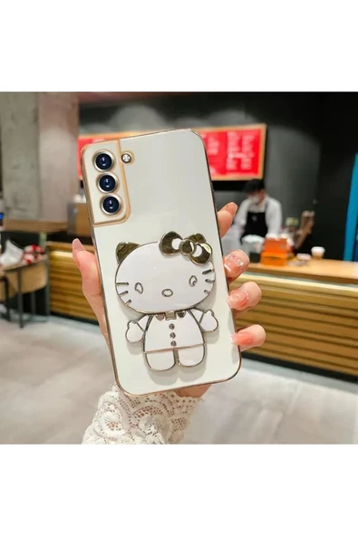 Xiaomi Redmi Note 10s Kılıf Hello Kitty Standlı Sevimli Parlak Gold Kenarlı Tam Koruma 3d Karakter