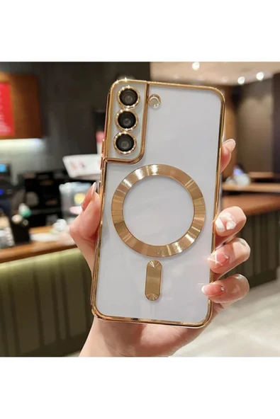 Galaxy S22 Uyumlu Kılıf Magsafe Parlak Kenar Lens Koruma Wireles Şarj Desteği Arkası Şeffaf