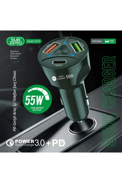 Subzero Type C Hızlı Araç Şarjı 50W Teyp-C USB Quick Şarj + PD Araç Şarj Cihazı - 2