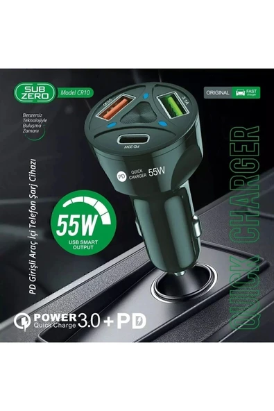 Subzero Cr10 3 Çıkışlı Çakmaklık Şarj Seti Usb Type-c Car Charger 55w 3.0a Hızlı Şarj Pd/qc