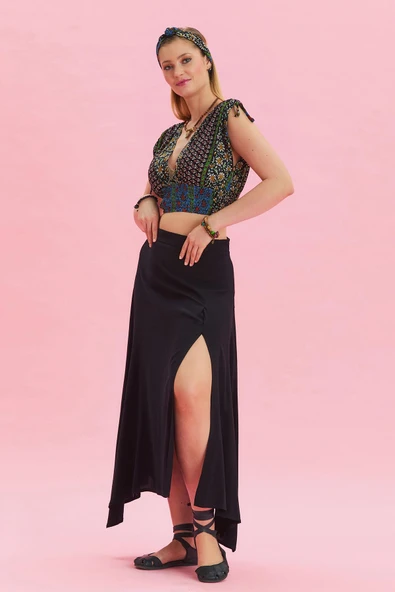 Fermuar Detaylı Yırtmaçlı Asimetrik Etek - Resim 7