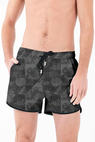 Mini Model Su İtici Özellikli Dijital Baskılı Kısa Boy Erkek Plaj Deniz Şort Mayo - 279-Siyah - 3