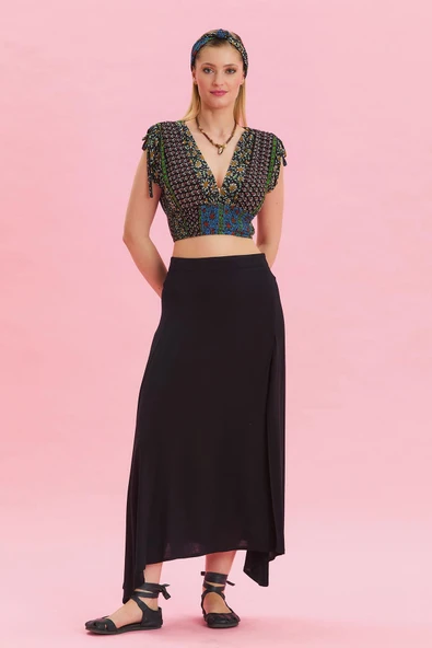 Fermuar Detaylı Yırtmaçlı Asimetrik Etek - Resim 6