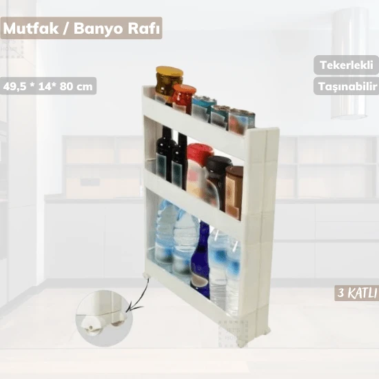 Tekerlekli Raf 3 Katlı Dar Yer Organizeri Beyaz - Resim 5