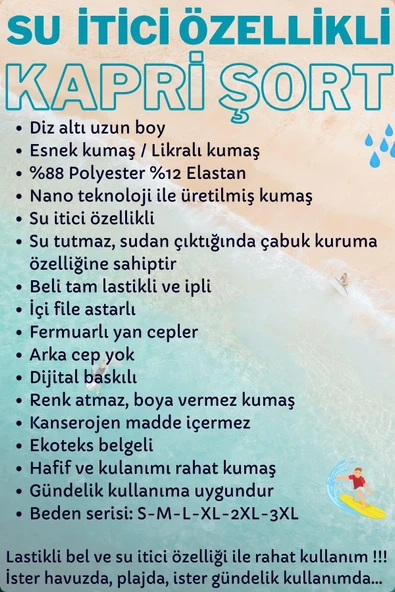 Diz Altı Uzun Model Su İtici Özellikli Likralı Esnek Kumaş Erkek Plaj Deniz Kapri Şort - 943-Siyah - 4