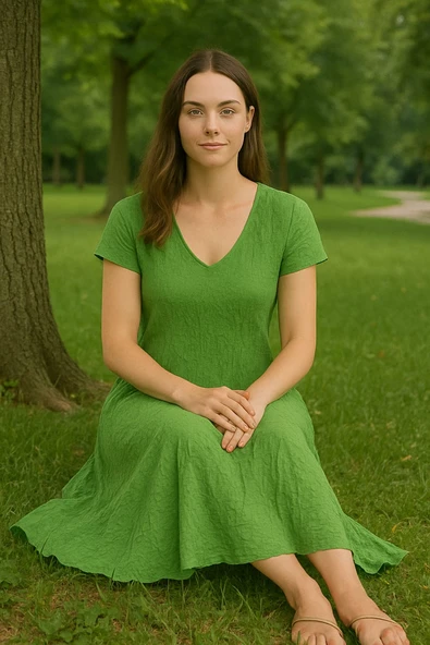 Kadın Bürümcük Yeşil Picasso Viskon Elbise - 2