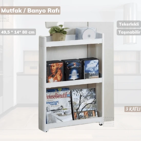 Tekerlekli Raf 3 Katlı Dar Yer Organizeri Beyaz - Resim 2