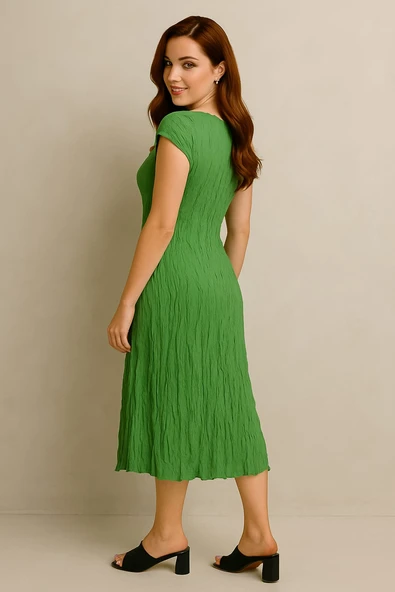 Kadın Bürümcük Yeşil Picasso Viskon Elbise - 3