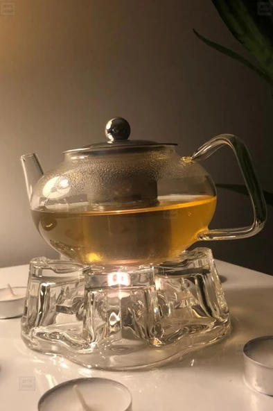 2’li Set Cam Demlik ve Cam Isıtıcı Süzgeçli Demlik 500 ml Bitki Çayı Demliği Borasilikat - 4