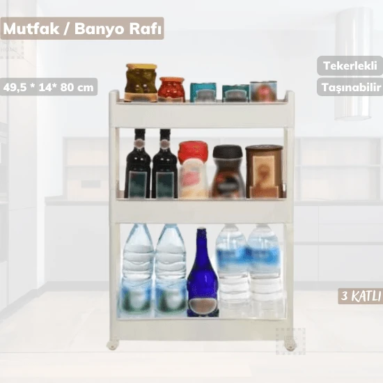 Tekerlekli Raf 3 Katlı Dar Yer Organizeri Beyaz - Resim 3