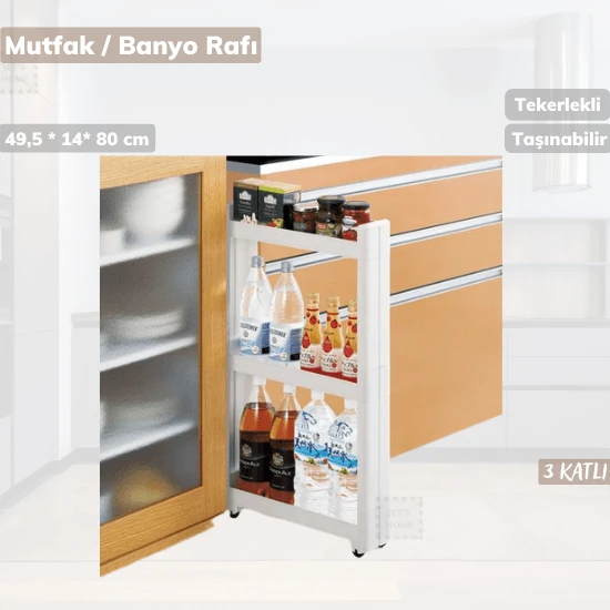 Tekerlekli Raf 3 Katlı Dar Yer Organizeri Beyaz - Resim 4