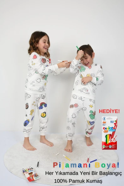 Boyanabilir Çocuk Pijama Takımı + Kalem I Renkli Rüyalar I Her Yıkamada Yeniden Tasarla