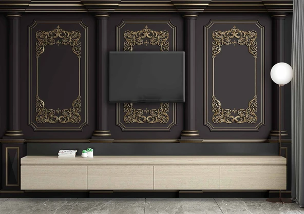 3 Boyutlu Siyah Panel Altın Motif Saray Duvar Kağıdı Baskı - 3