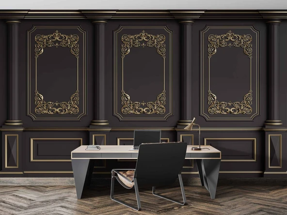 3 Boyutlu Siyah Panel Altın Motif Saray Duvar Kağıdı Baskı - 4