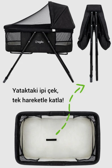 Agila Katlanır Bebek Beşiği, Portatif Beşik, Anne Yanı Bebek Beşiği - Siyah - 3