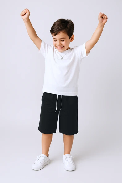 ERKEK ÇOCUK ŞORTLU TAKIM KOLYE HEDİYELİ OVERSİZE KALIP KABARTMA BASKILI E32 - 2