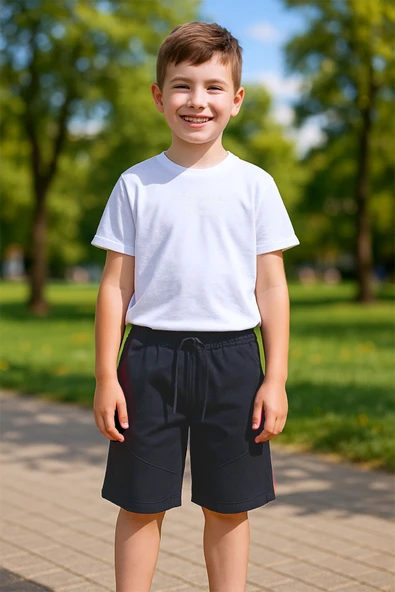 ERKEK ÇOCUK ŞORTLU TAKIM KOLYE HEDİYELİ OVERSİZE KALIP KABARTMA BASKILI E32 - 8