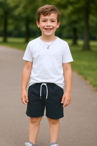 ERKEK ÇOCUK ŞORTLU TAKIM KOLYE HEDİYELİ OVERSİZE KALIP KABARTMA BASKILI E32