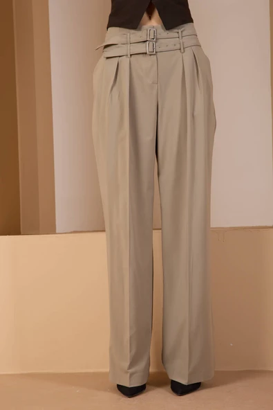 Açık Haki Kemerli Geniş Paça Pantolon - 4