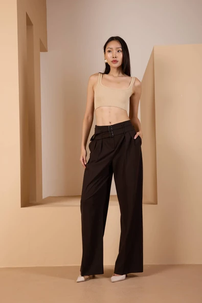 Acı Kahve Kemerli Geniş Paça Pantolon - 7
