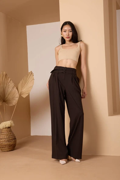 Acı Kahve Kemerli Geniş Paça Pantolon - 8