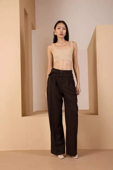 Acı Kahve Kemerli Geniş Paça Pantolon - 9
