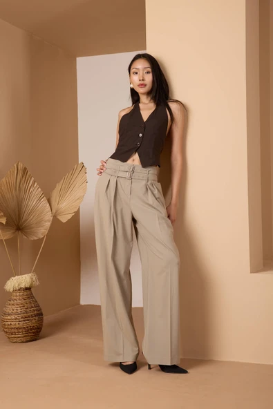 Açık Haki Kemerli Geniş Paça Pantolon - 7