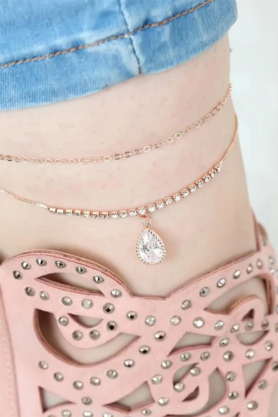 MuI MuI Rose Renk Çift Zincirli Damla Taşlı Hal Hal - 2