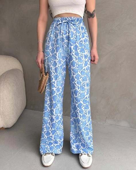 Kadın Yazlık Desenli Beli Lastikli Rahat Bürümcük Kadın Pantolon - 3