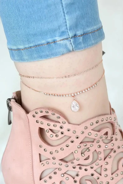 MuI MuI Rose Renk Çift Zincirli Damla Taşlı Hal Hal