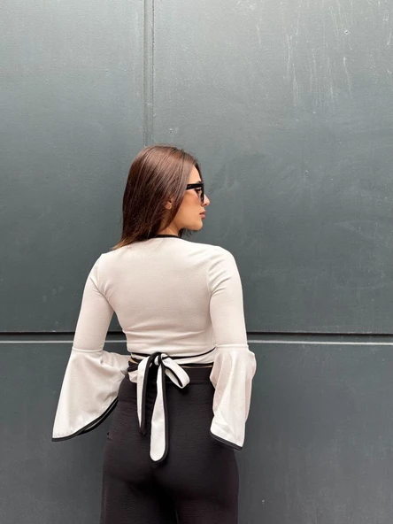 Kadın Kruvaze Kolları Fırfırlı Bluz - 5