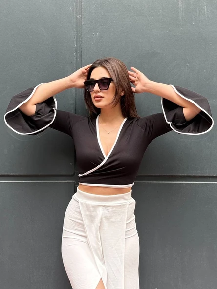 Kadın Kruvaze Kolları Fırfırlı Bluz - 2