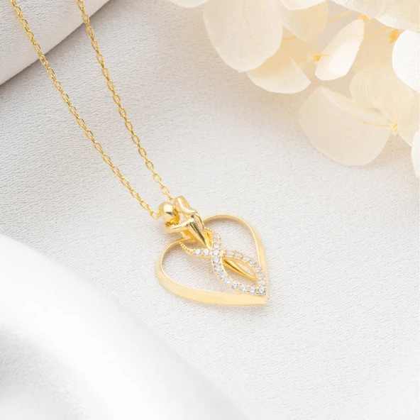 Vaoov 925 Ayar Gümüş Kalpli Sarılan Çİftler Kolye - Resim 4