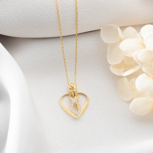 Vaoov 925 Ayar Gümüş Kalpli Sarılan Çİftler Kolye - Resim 3