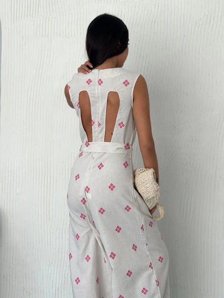 Sırt dekolteli keten beyaz tulum S1036 - 2