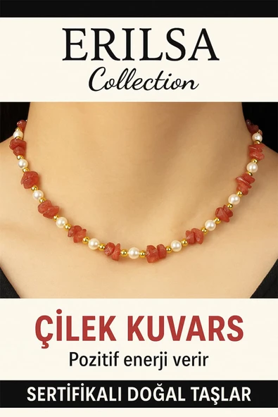 Sertifikalı Kırık Taşlı Model İnci Çilek Kuvars Taşı Kolye Kalp Çakra Dengesi Sağlar