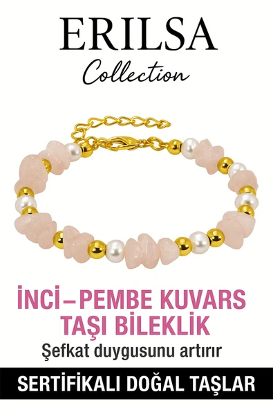 Sertifikalı İnci ve Pembe Kuvars Taşı Bileklik – Sevgi ve Şefkat Enerjisi