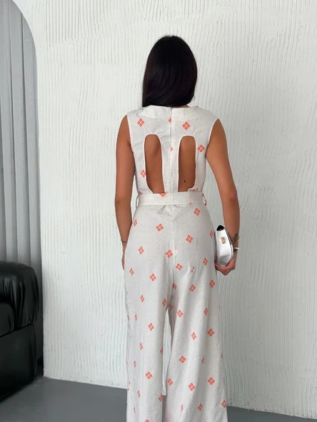 Sırt dekolteli keten beyaz tulum S1036 - 5