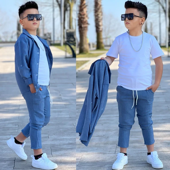 MODAVALS KOL KATLAMALI KETEN GÖMLEK & BELİ LASTİKLİ KETEN PANTOLON & PAMUKLU TSHIRT & ZİNCİR AKSESUAR 4LÜ KETEN ERKEK ÇOCUK TAKIM - 2