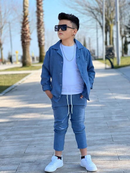 MODAVALS KOL KATLAMALI KETEN GÖMLEK & BELİ LASTİKLİ KETEN PANTOLON & PAMUKLU TSHIRT & ZİNCİR AKSESUAR 4LÜ KETEN ERKEK ÇOCUK TAKIM - 3