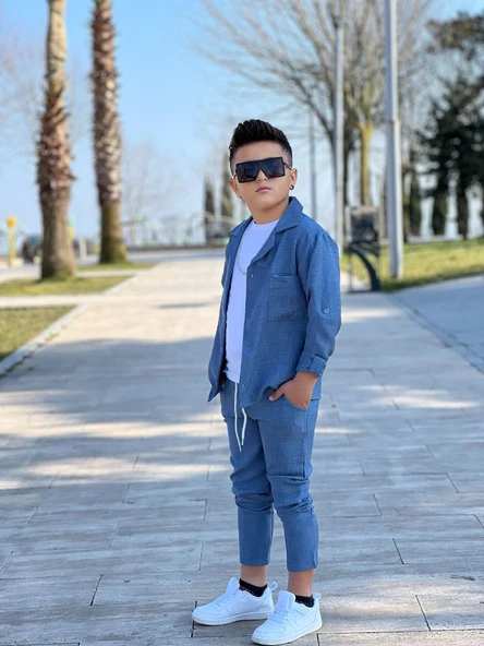 MODAVALS KOL KATLAMALI KETEN GÖMLEK & BELİ LASTİKLİ KETEN PANTOLON & PAMUKLU TSHIRT & ZİNCİR AKSESUAR 4LÜ KETEN ERKEK ÇOCUK TAKIM - 6