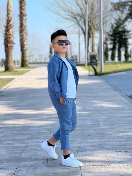 MODAVALS KOL KATLAMALI KETEN GÖMLEK & BELİ LASTİKLİ KETEN PANTOLON & PAMUKLU TSHIRT & ZİNCİR AKSESUAR 4LÜ KETEN ERKEK ÇOCUK TAKIM - 5