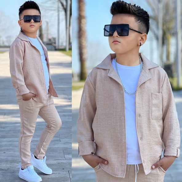 MODAVALS KOL KATLAMALI KETEN GÖMLEK & BELİ LASTİKLİ KETEN PANTOLON & PAMUKLU TSHIRT & ZİNCİR AKSESUAR 4LÜ KETEN ERKEK ÇOCUK TAKIM - 11