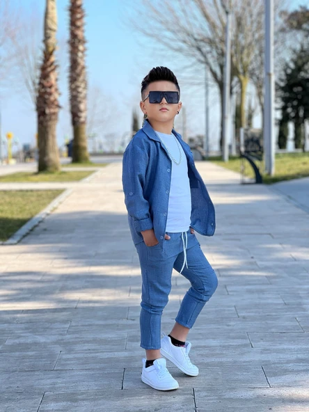 MODAVALS KOL KATLAMALI KETEN GÖMLEK & BELİ LASTİKLİ KETEN PANTOLON & PAMUKLU TSHIRT & ZİNCİR AKSESUAR 4LÜ KETEN ERKEK ÇOCUK TAKIM - 4