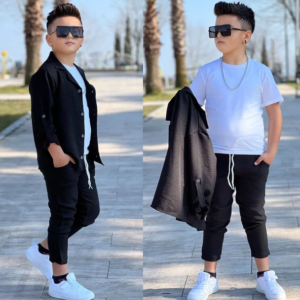 MODAVALS KOL KATLAMALI KETEN GÖMLEK & BELİ LASTİKLİ KETEN PANTOLON & PAMUKLU TSHIRT & ZİNCİR AKSESUAR 4LÜ KETEN ERKEK ÇOCUK TAKIM - 7