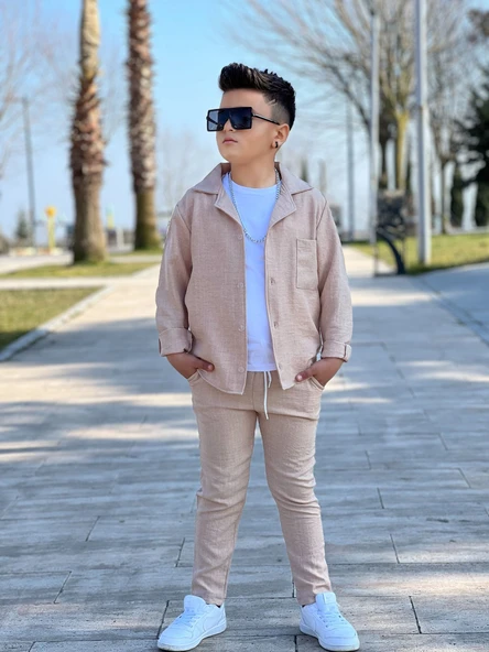 MODAVALS KOL KATLAMALI KETEN GÖMLEK & BELİ LASTİKLİ KETEN PANTOLON & PAMUKLU TSHIRT & ZİNCİR AKSESUAR 4LÜ KETEN ERKEK ÇOCUK TAKIM - 12