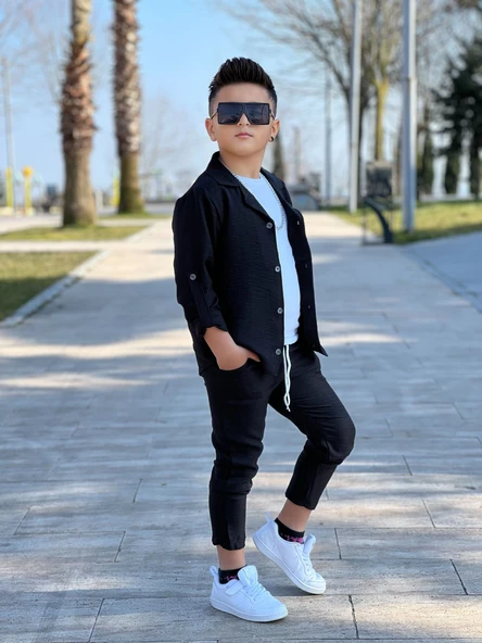 MODAVALS KOL KATLAMALI KETEN GÖMLEK & BELİ LASTİKLİ KETEN PANTOLON & PAMUKLU TSHIRT & ZİNCİR AKSESUAR 4LÜ KETEN ERKEK ÇOCUK TAKIM - 9